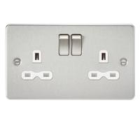 Knightsbridge FPR9000BCW Flat Plate 13A 2G DP Switch Socket - Brushed Chrome + White Insert