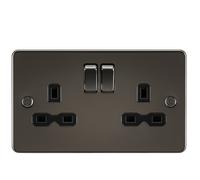 KnightsBridge Flat plate 13A 2G DP switched socket - gunmetal with black insert