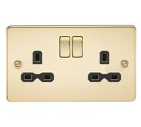 Knightsbridge FPR9000PB Flat Plate 13A 2G DP Switch Socket - Polished Brass + Black Insert