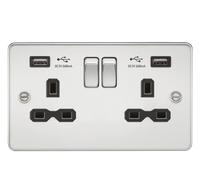 13A 2G Switched Socket with Dual USB Charger A + A (2.4A) - Polished Chrome with Black Insert