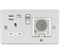 Knightsbridge FPR9905BCW Flat Plate 13A Socket + USB 2.4A + BT Speaker - Brushed Chrome + White Insert