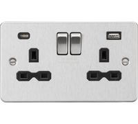 Knightsbridge FPR9940BC Flat Plate 13A 2G SP Switched Socket + 2xUSB A+C (5V DC 4.0A Shared) - Brushed Chrome + Black Insert