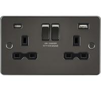 Knightsbridge FPR9940GM Flat Plate 13A 2G SP Switched Socket + 2xUSB A+C (5V DC 4.0A Shared) - Gunmetal + Black Insert