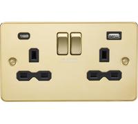Knightsbridge FPR9940PB Flat Plate 13A 2G SP Switched Socket + 2xUSB C (5V DC 4.0A Shared) - Polished Brass + Black Insert