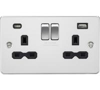 Knightsbridge FPR9940PC Flat Plate 13A 2G SP Switched Socket + 2xUSB A+C (5V DC 4.0A Shared) - Polished Chrome + Black Insert
