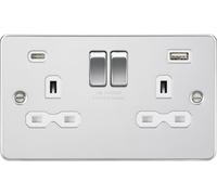 Knightsbridge FPR9940PCW Flat Plate 13A 2G SP Switched Socket + 2xUSB A+C (5V DC 4.0A Shared) - Polished Chrome + White Insert