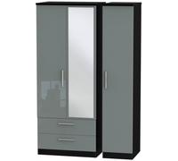 Knightsbridge Grey Gloss and Black 3 Door Combi Wardrobe - 1 Mirror and LHF 2 Drawers