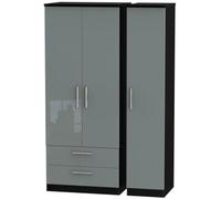 Knightsbridge Grey Gloss and Black 3 Door Triple Wardrobe - LHF 2 Drawers