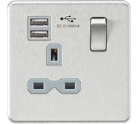 Knightsbridge Screwless 13A 1G switched socket with dual USB charger (2.4A) - brushed chrome with grey insert - SFR9124BCG