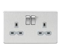 Knightsbridge Screwless 2 Gang Double Socket, Brushed Chrome with Grey Inserts - SFR9000BCG