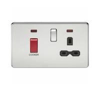 KnightsBridge 2G 45A DP 230V Screwless Polished Chrome Switch With Neon and Socket - Black Insert