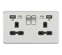 Knightsbridge Screwless Double Switched Socket Dual Usb-A Led 13A 2 Gang Brushed Chrome / Black - Sfr9904Nbc