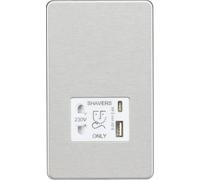 Knightsbridge Screwless Shaver socket with dual USB A+C (5V DC 2.4A shared) - brushed chrome with white insert