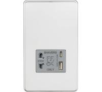 Knightsbridge SF8909PCG Screwless Dual Voltage Shaver Socket + 2xUSB A+C (5V DC 2.4A Shared) - Polished Chrome + Grey Insert
