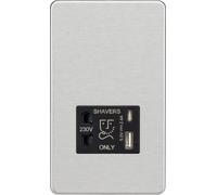 Knightsbridge SF8909BC Screwless Dual Voltage Shaver Socket + 2xUSB A+C (5V DC 2.4A Shared) - Brushed Chrome + Black Insert