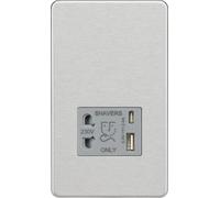 Knightsbridge Screwless Shaver Socket with Dual USB C (5V DC 2.4A Shared) - Brushed Chrome with Grey Insert