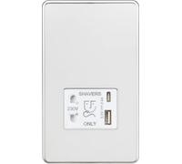 Knightsbridge Screwless Shaver Socket with Dual USB A+C (5V DC 2.4A Shared) - Polished Chrome with White Insert