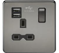 Knightsbridge Screwless Single Switched Socket with Dual USB Charger in Black Nickel with Black Insert, SFR9124BN