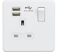 Knightsbridge Screwless Single Switched Socket with Dual USB Charger in Matt White, SFR9124MW