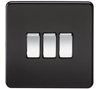 Knightsbridge SF4000MB Screwless 10 A 3-Gang 2 Way Switch, Matt Black with Chrome Rocker