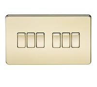Knightsbridge SF4200PB Screwless 10 A 6-Gang 2 Way Switch, Polished Brass