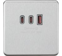 Knightsbridge SF63WBCG Screwless 230V Triple USB Charger Plate 2xUSB-C 1xUSB-A [20V DC Max. 63W] - Brushed Chrome + Grey Insert