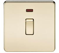 KnightsBridge 20A 1G DP 230V Screwless Polished Brass Electric Wall Plate Switch with Neon