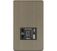 Knightsbridge SF8909AB Screwless Dual Voltage Shaver Socket + 2xUSB C (5V DC 2.4A Shared) - Antique Brass