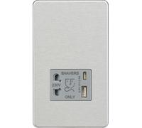 Knightsbridge SF8909BCG Screwless Dual Voltage Shaver Socket + 2xUSB C (5V DC 2.4A Shared) - Brushed Chrome + Grey Insert