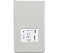 Knightsbridge SF8909BCW Screwless Dual Voltage Shaver Socket + 2xUSB C (5V DC 2.4A Shared) - Brushed Chrome + White Insert