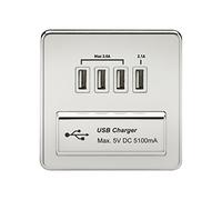 Knightsbridge SFAVQUADPCW Screwless 1G Quad USB Charger Outlet 5V Dc 5.1A-Polished Chrome with White Insert