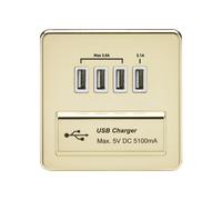 Knightsbridge SFQUADPBW Screwless Quad USB Charger Outlet 5.1A - Polished Brass + White Insert