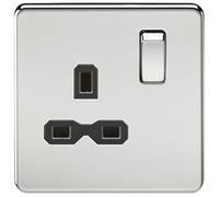 KnightsBridge 1G DP 13A 230V Screwless Polished Chrome UK 3 Pin Switched Electrical Wall Socket - Black Insert