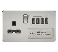 Knightsbridge SFR7USB4BC Screwless 1G 13A Switched Socket with Quad USB Charger 5V Dc 5.1A-Brushed Chrome with Black Insert, Silver