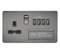 Knightsbridge SFR7USB4BN Screwless 1G 13A Switched Socket with Quad USB Charger 5V Dc 5.1A Nickel with Black Insert