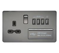 KnightsBridge 13A 2G Screwless Black Nickel 1G Switched Socket with Quad 5V USB Charger Ports - Black Insert