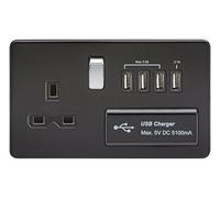 Knightsbridge SFR7USB4MB Screwless 1G 13A Switched Socket with Quad USB Charger 5V Dc 5.1A-Matt Black with Chrome Rocker