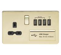 Knightsbridge SFR7USB4PB Screwless 13A Switched Socket + 4xUSB 5.1A - Polished Brass + Black Insert