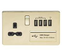 Knightsbridge SFR7USB4PB Screwless 13A Switched Socket + 4xUSB 5.1A - Polished Brass + Black Insert