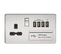 KnightsBridge 13A 2G Screwless Polished Chrome 1G Switched Socket with Quad 5V USB Charger Ports - Black Insert