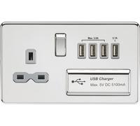 Knightsbridge SFR7USB4PCG Screwless 13A Switch Socket + 4xUSB 5.1A - Polished Chrome + Grey Insert