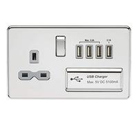 Knightsbridge SFR7USB4PCG Screwless Switched Socket with 5.1 A Quad USB Charger, Polished Chrome with Grey Insert, 13 A
