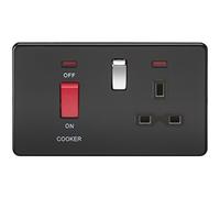 KnightsBridge 2G 45A DP 230V Screwless Matt Black Electric Switch With Neon and Socket