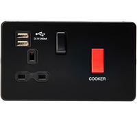 Knightsbridge SFR8333UMBB Screwless 45A DP Cooker Switch + 13A Socket + 2xUSB 2.4A - Matt Black + Black Rocker