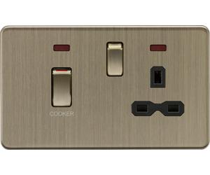Knightsbridge SFR83MNAB Screwless 45A DP Cooker Switch + 13A Switched Socket + Neons - Antique Brass + Black Insert