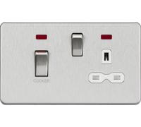 Knightsbridge SFR83MNBCW Screwless 45A DP Cooker Switch + 13A Switched Socket + Neons - Brushed Chrome + White Insert