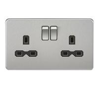 Knightsbridge Screwless 2 Gang Double Socket, Brushed Chrome with Black Inserts - SFR9000BC