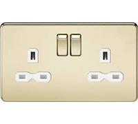 KnightsBridge 13A 2G DP Screwless Polished Brass 230V UK 3 Pin Switched Electric Wall Socket - White Insert