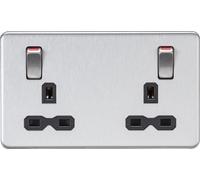 Knightsbridge SFR9001BC Screwless 13A 2G DP Switched Socket Metal Outboard Rockers with Red Flash - Brushed Chrome + Black Insert