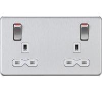 Knightsbridge SFR9001BCW Screwless 13A 2G DP Switched Socket Metal Outboard Rockers with Red Flash - Brushed Chrome + White Insert